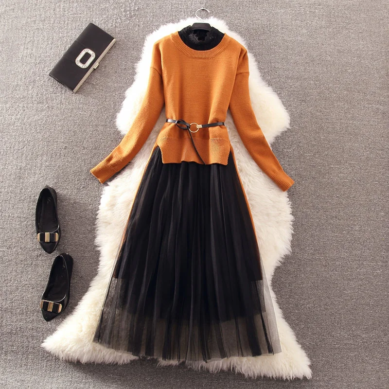 Новинка, весеннее женское винтажное платье с длинным рукавом, ассиметричный вязаный свитер+ черное газовое платье, комплект из двух предметов, женское платье