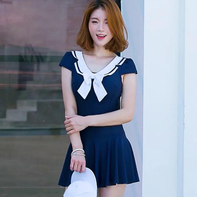 

Lolita Navy Style Cute One-Piece Swimsuit Solid Color White Bowknot Sexy Beach Swimwear Quick Dry V-Neck Slim Women Bathing Suit