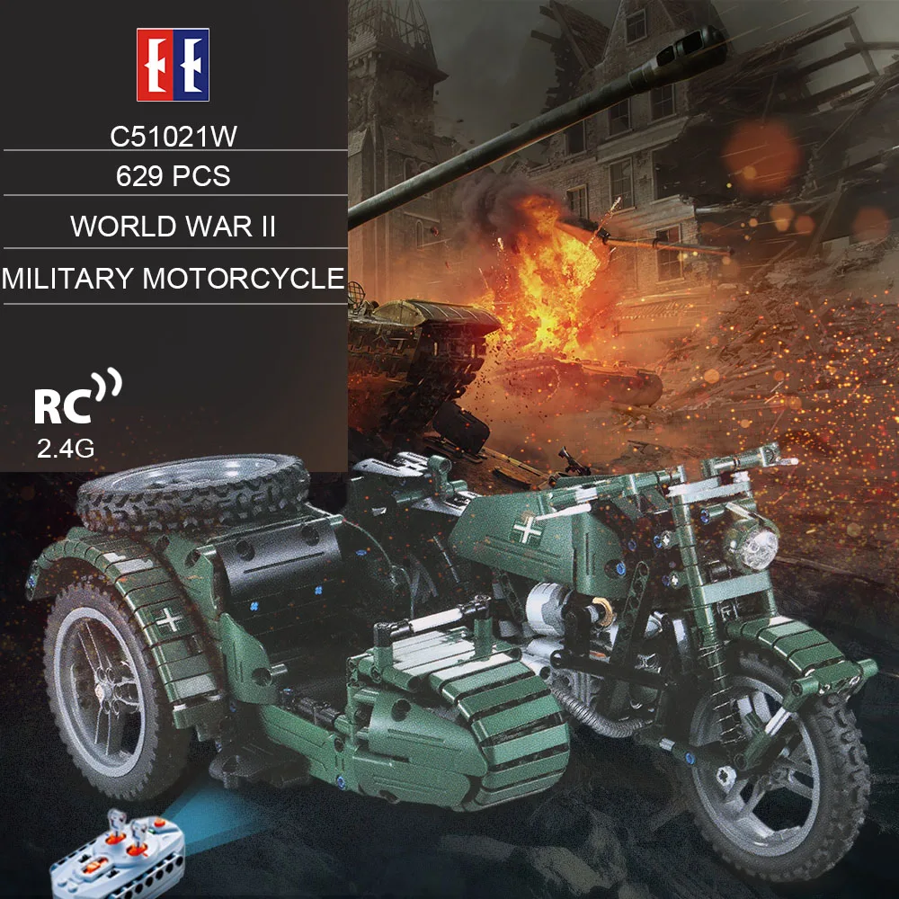

DOUBLE E RC Cars Toys for Children C51021W 629 PCS Building Blocks War II Military Motorcycle RC Kids Toy DIY