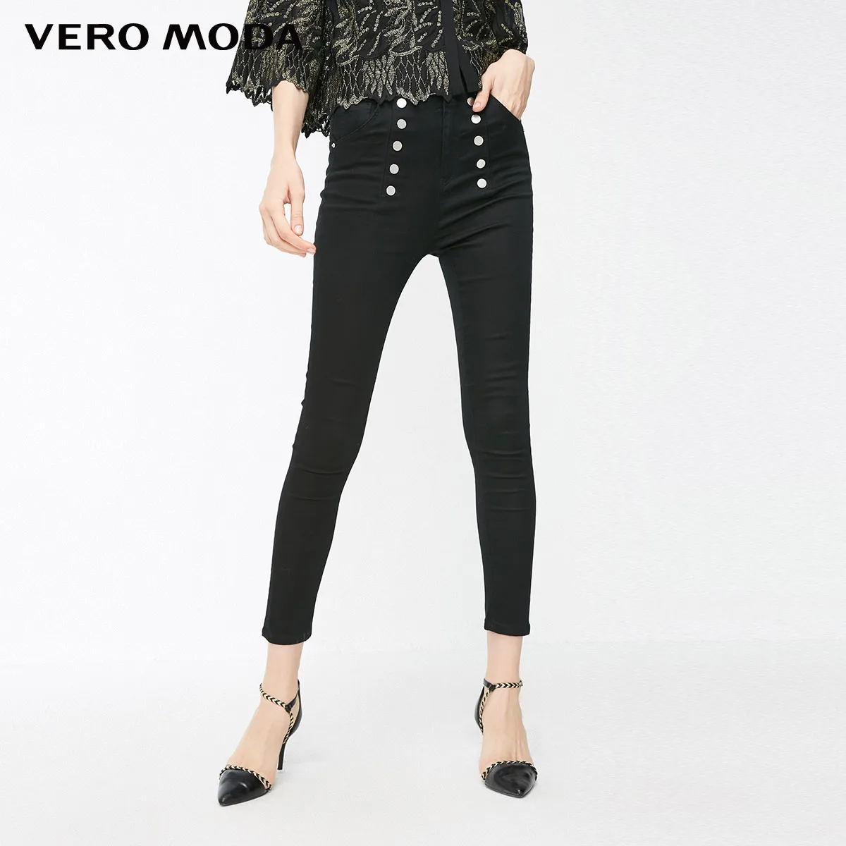 Vero Moda новые женские двубортные джинсы с высокой талией | 318349560 - Цвет: Black denim