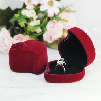 

10pcs Dark Red Color Rose Heart Shape Velvet Jewelry Box Double Ring Stud Earrings Jewelry Storage Packaging Velvet Wedding Box
