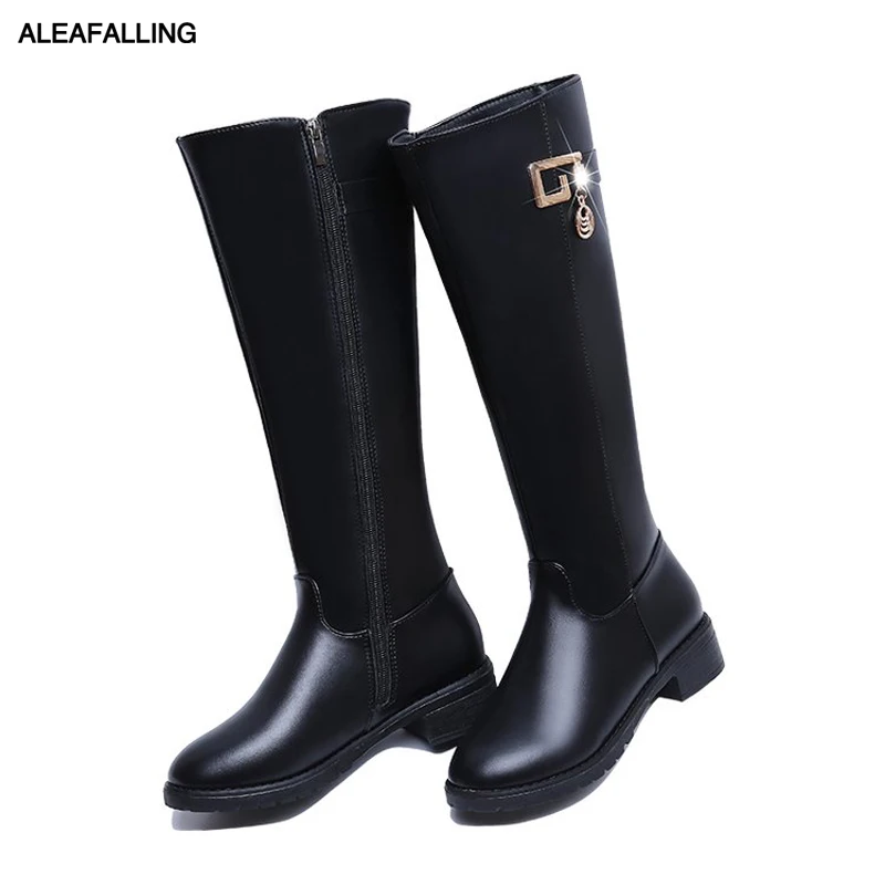 Aleafalling/женские ботинки до середины икры на низком каблуке кожаные ботинки высокого качества на молнии для девочек осенне-зимние ботинки на платформе для девочек; WBT205