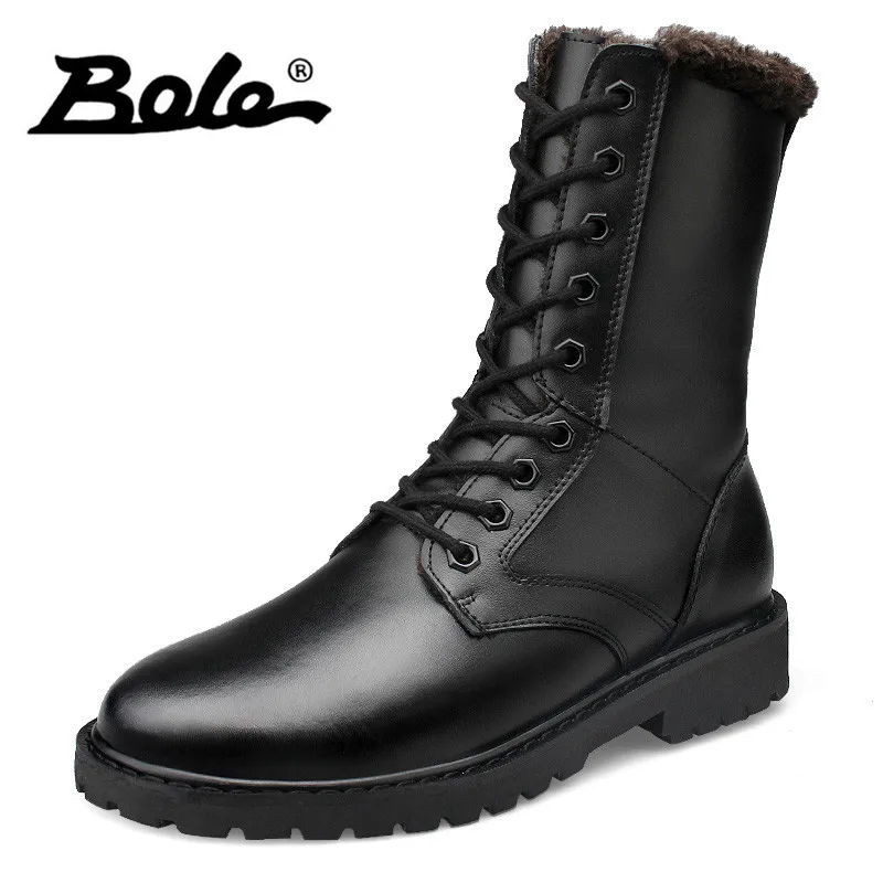 

BOLE Large Size 35-50 Genuine Leather Long Boots Plush Warm Winter Snow Boot Lace Up High Comfortable Short Heel Waterproof Shoe