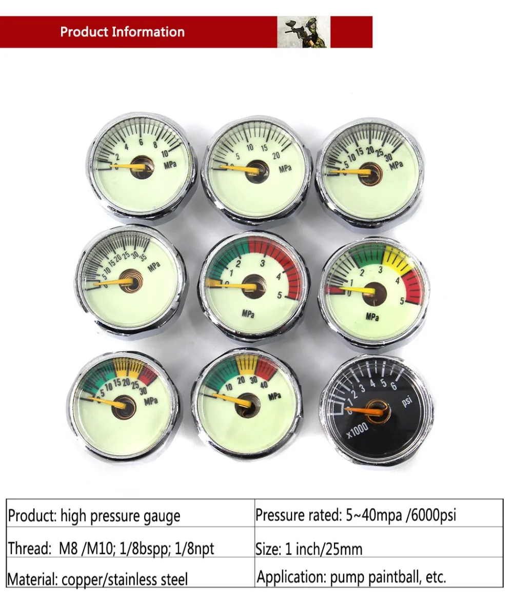 PCP Пейнтбол Airforce насосный клапан с фокусным расстоянием 25 мм M8x1 M10x1 1/8NPT 1/8BSPP 1 дюйм Мини Давление датчик Подводное манометр 20mpa 30mpa 40mpa