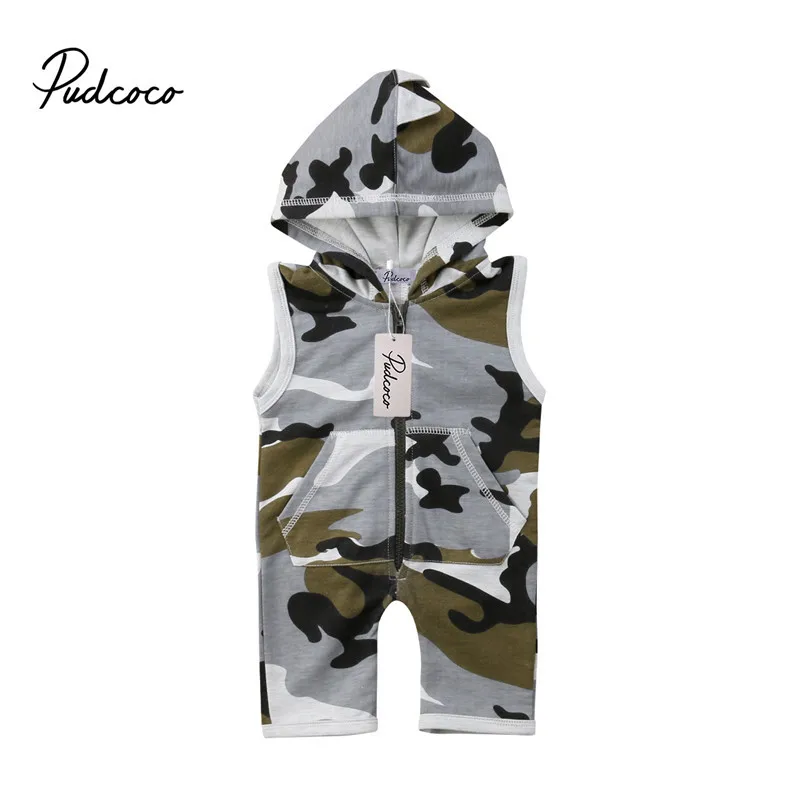 pudcoco Newborn Baby Boy Girl Hooded Romper camouflage print sleeveless zipper Jumpsuit Rompes Camo Playsuit Clothes Outfit |