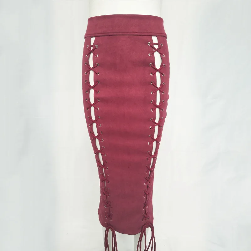 LOGAMI Высокая Талия юбки Для женщин s длинные узкие брюки из искусственной замши на шнуровке Демисезонный пикантные Для женщин юбка saia faldas Mujer