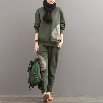 

Plus Size 4XL 2017 Autumn Chinese Style Two Pieces Women Sets Coat Outfits Linen Loose Pullover Pants Tracksuit