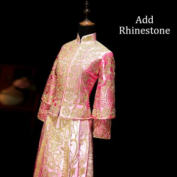 

Pink Add Rhinestone Chinese Women Bride Wedding Dress Satin Suzhou Embroidery Floral Cheongsam Qipao Classic Ancient Vestidos