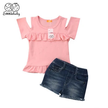 

Emmababy Boutique Baby Girls Summer Outfits 2PCS Solid Ruffle T Shrit Tops Denim Shorts Pants Toddler Kids Clothes Set