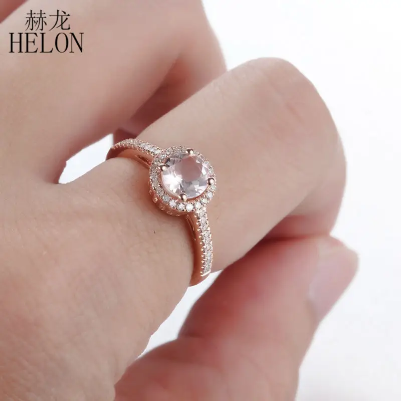 HELON Solid 10 K розовое золото 0.73ct 6 мм круглый разрез морганит бриллианты обручальное кольцо со светлым окаймлением обручальное кольцо Solitaire женские элегантные ювелирные изделия