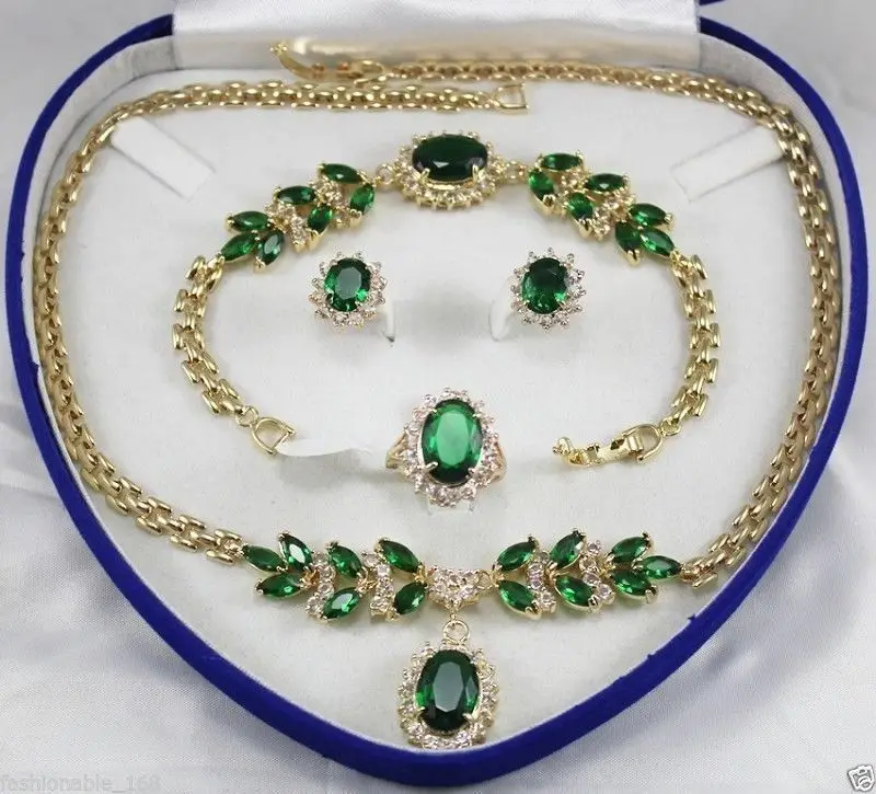

hot sell new - 18GP natural green zircon necklace 18 "bracelet 7.5" Earring Ring (7# -9#) (A0425)