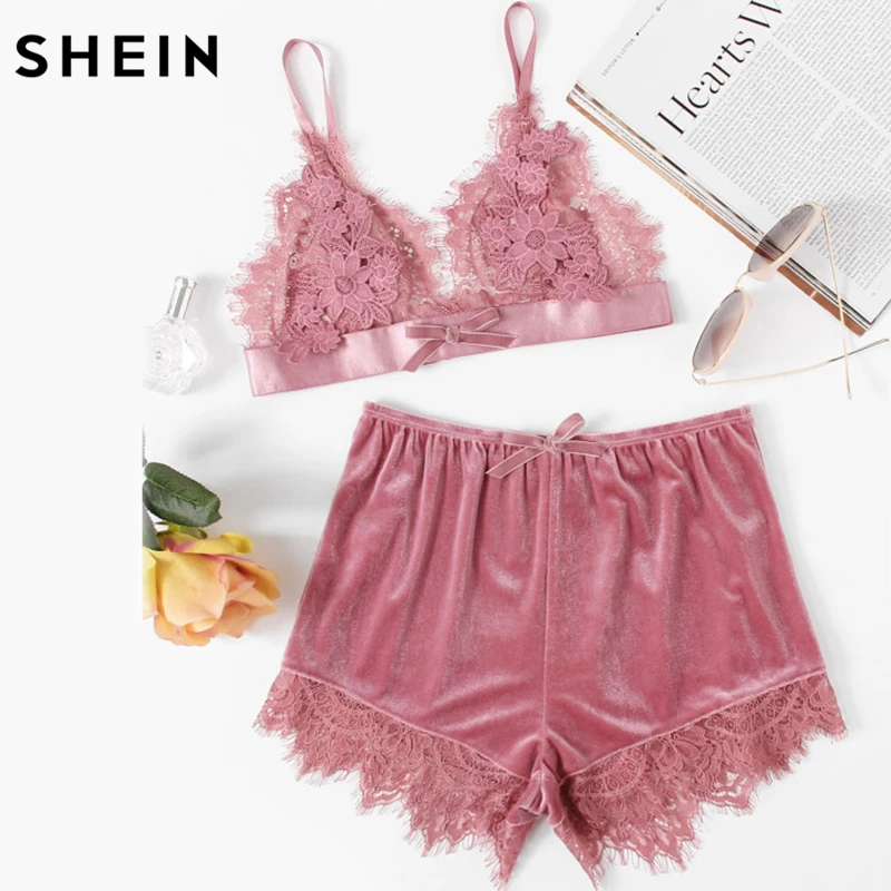 SHEIN Elegant Two Piece Set Women Pink Applique Detail Lace Bralette