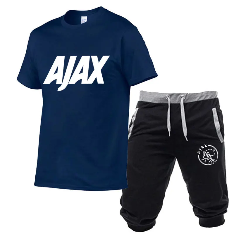 Модные футболки ajax, забавные мужские футболки+ шорты, два предмета, футболки с коротким рукавом, роскошные летние хлопковые футболки