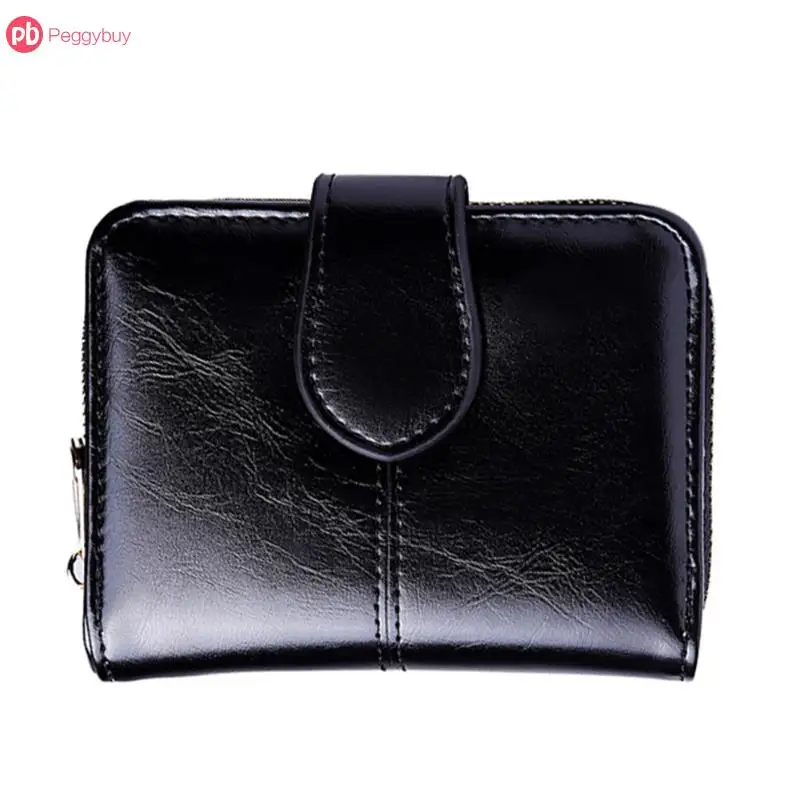 

Female Short Wallet PU Leather Oil Wax Bifold Coin Purse Card ID Holder Photo Pocket Small Wallet Red New Flap Money Purse