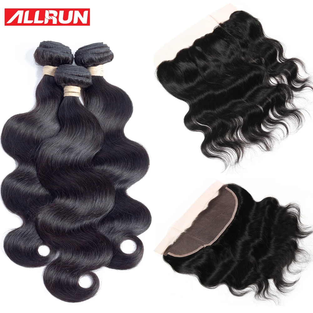 Allrun Brazilian Body Wave With 13*4 Lace Frontal Buy 3 Bundles Get One Free Closure 10