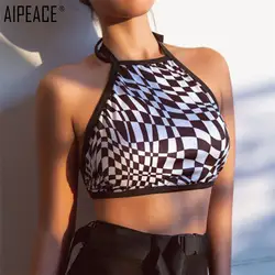 AIPEACE летние женские геометрический текстильный принт футболка Для женщин пикантные Sleelveless Короткие топы с открытой спиной Для женщин s