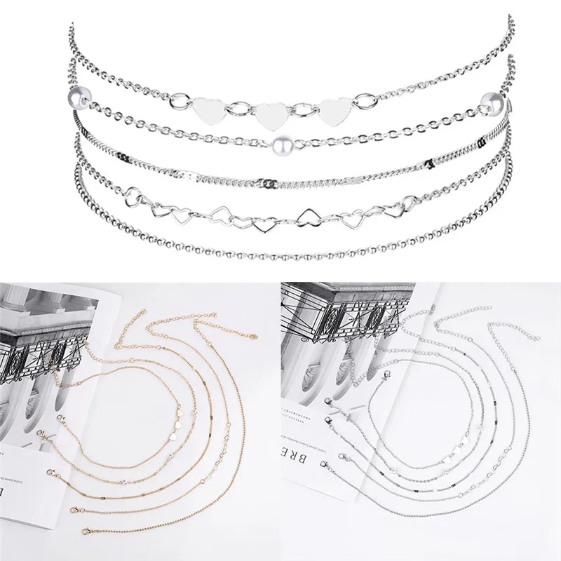 

Pinksee 5pcs/set Simple Retro Multi Style Heart Crystal Choker for Women Girls Gold Silver Color Link Wave Chain Sexy Jewelry