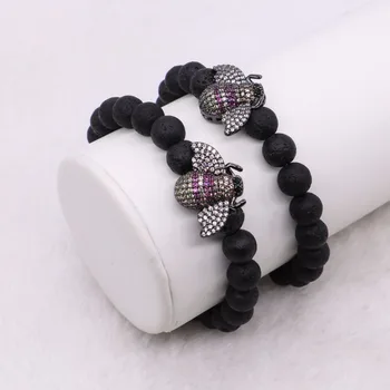 

Natural Volcanic stone strand bracelets New design dark beaded little bee charms Handmade jewelry bracelet gift for lady 2890