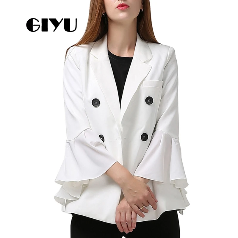 GIYU Autumn Women Flare Sleeve Blazer White Black Jackets Pockets Office Lady Buttons Casual camiseta mujer