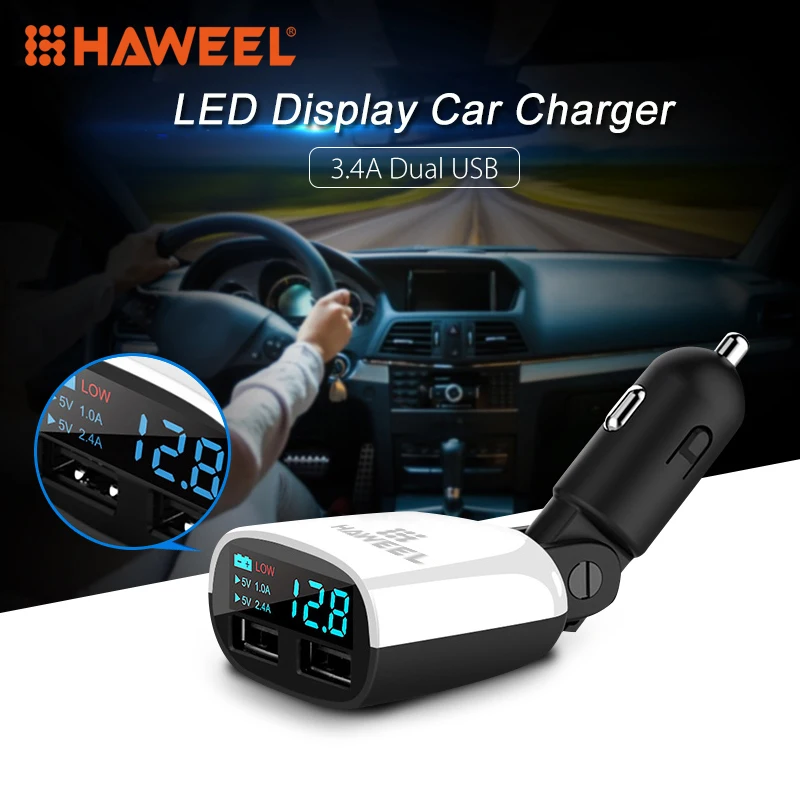

HAWEEL 3.4A 2 Posts USB Car Charger LED Display Swing Head Design Car Charger for Mobile Phone