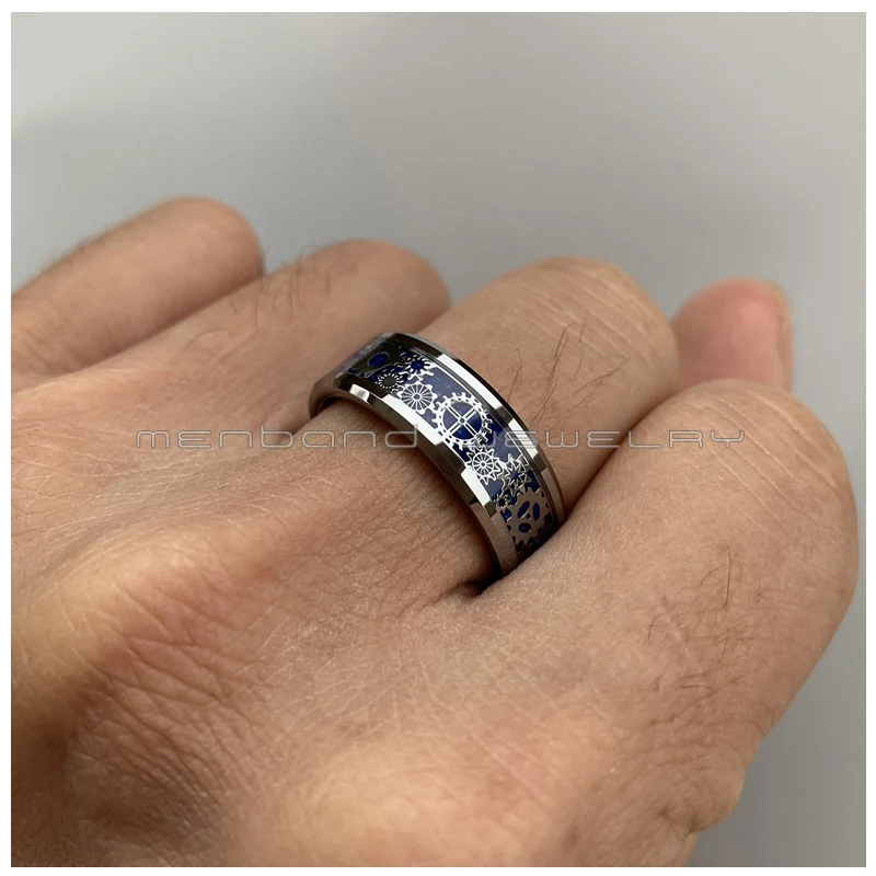 Серебряное обручальное кольцо вольфрамовые кольца с механическим зубчатым колесом и синей инкрустацией из углеродного волокна скошенные края удобная посадка