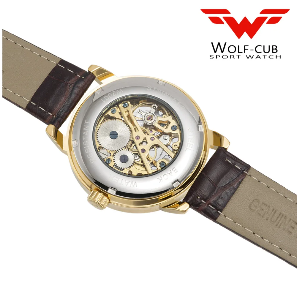 WOLF CUB модные кожаные мужские механические светящиеся спортивные часы из