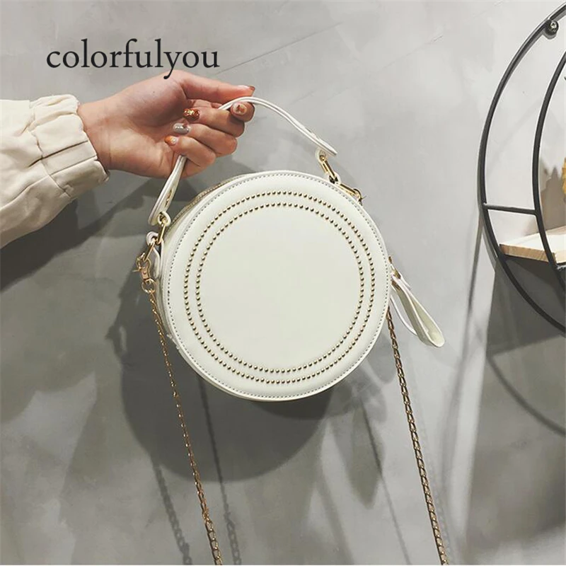 

New women's round bags Patent leather circle box handbags messenger bag for lady causal rivet chain shoulder bags Bolsa 2019 NEW