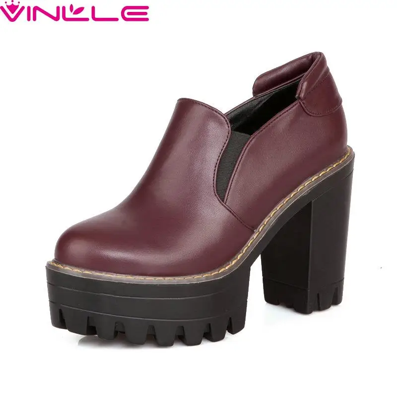 

VINLLE Slip On Round Toe Miss Shoes,Square High Heel PU leather Platform Concise Fashion Spring Women Pumps Size 34-39 Burgundy
