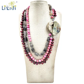 

LiiJi Unique Natural Gray Quartz Dyed color jades Freshwater Pearl 3 rows Fashion Women necklace 20inches/50cm