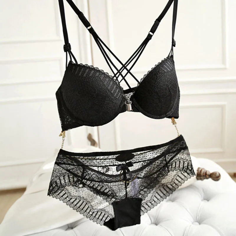 

QA129 Sexy lace transparent panties front closure push up bra black pink comfortable bh lingerie bra sets