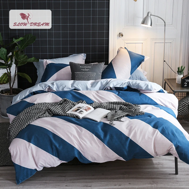 

SlowDream Geometry Art Bedding Set Blue White Striped Bedspread Duvet Cover Set Flat Sheet Pillowcase Linens Home Bed Cover