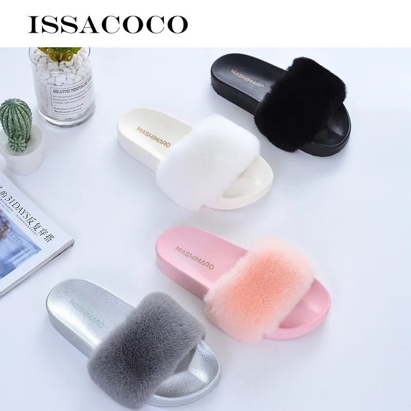 ISSACOCO женские туфли на плоской подошве Однотонные пушистые тапочки реального их