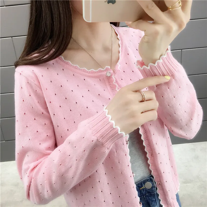 

2019 New Low-collar Short Ice Silk Knitted Shirt Woman Hollow-out Sunscreen Air Conditioning Top Lotus Leaf Open-top