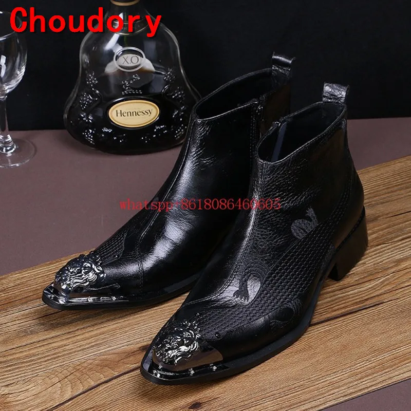 

European Style High Heels Steel Toe Metal Botas Masculina Black Leathter Formal Mens Dress Boots Side Zipper Punk Rock Boots