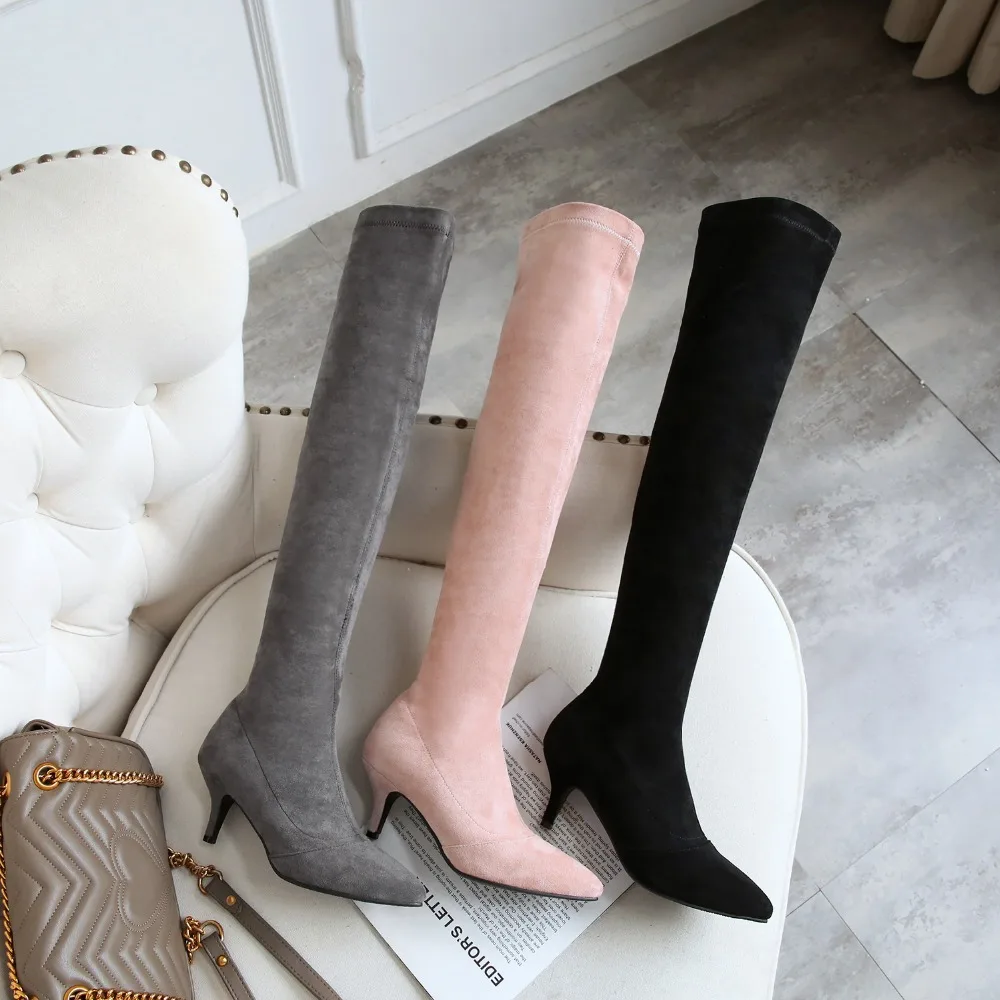 Эластичные Замшевые женские сапоги до бедра; пикантные ботфорты на высоком каблуке; сапоги на высоком каблуке с острым носком; цвет черный, серый, розовый