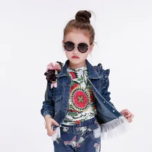 Girl jeans KID denim with lace children Puff Sleeve coat