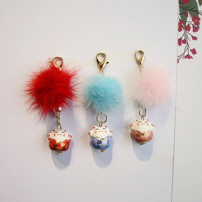 

Omamori Fortune Cat Fur Ball Faux Pearl Pendant Good-luck Blessing Keyrings Keychain Charm Bag Pendant Gift J13