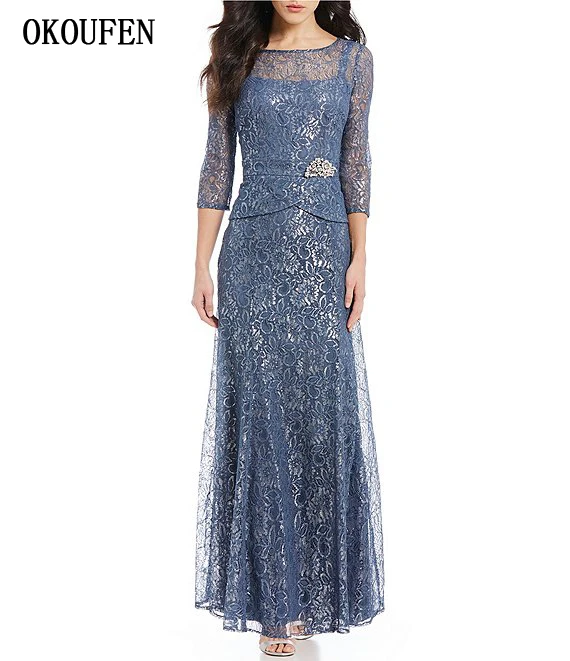 

Lace Mother of the Bride Dresses for Wedding 2019 Navy Blush Sleeves Ankle Length Wedding Party Gown vestido de madrinha farsali