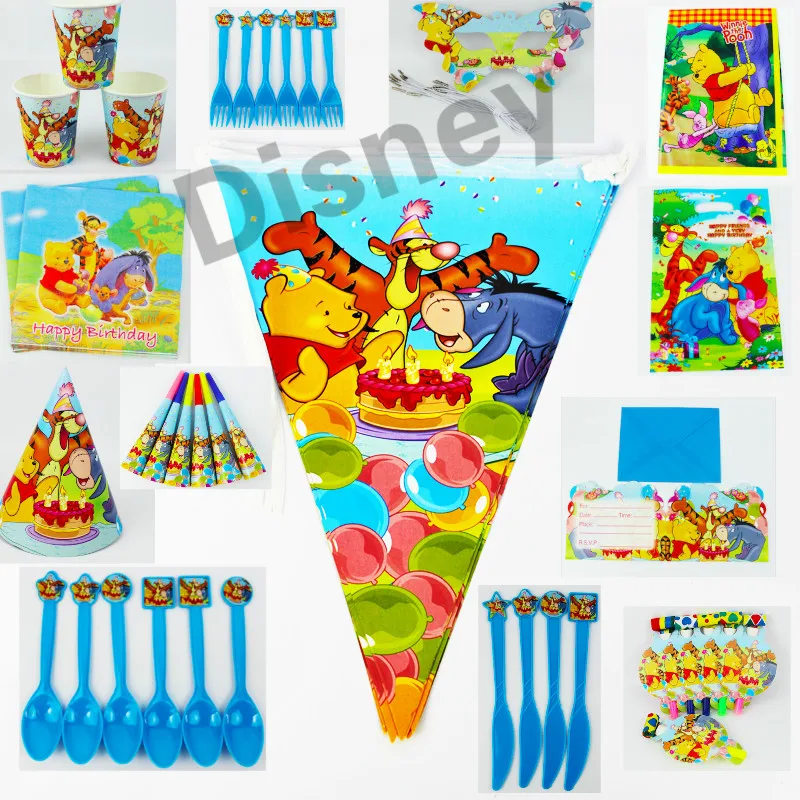 

Disney winnie the pooh Kids Birthday Party Decoration cup plate spoon forks banner hat festival Party event party supplies