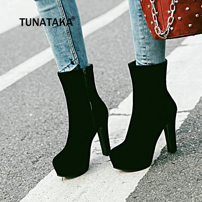 

Women Flock Chunky High Heel Ankle Boots Fashion Platform Side Zipper Winte Woman Shoes