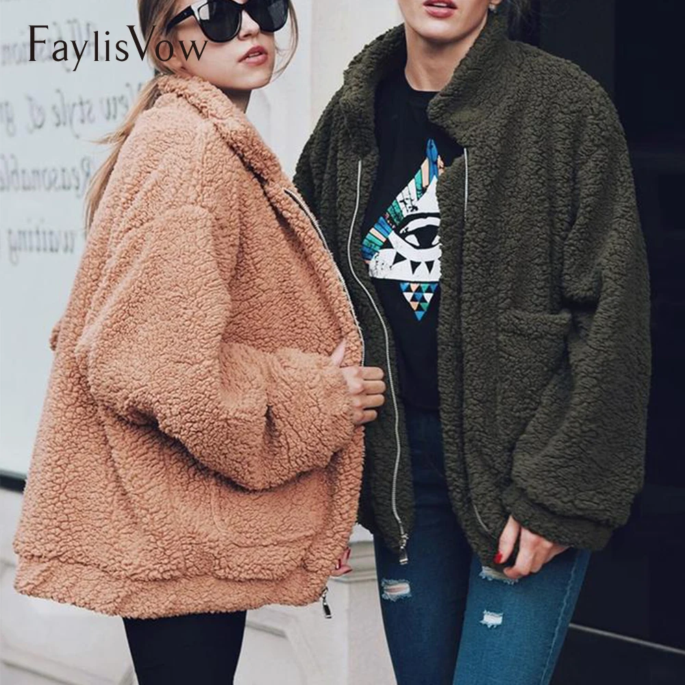 

Fleece Soft Zipper Coat Women Oversize Faux Fur Bear Jacket Thick Long Sleeve Plush Bomber Jackets Plus Size Outerwear 4xl