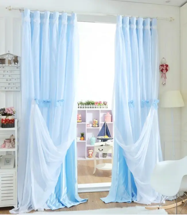 

new Korean Princess fresh bedroom bedroom window double - layer solid color decoration butterfly knot lace curtains