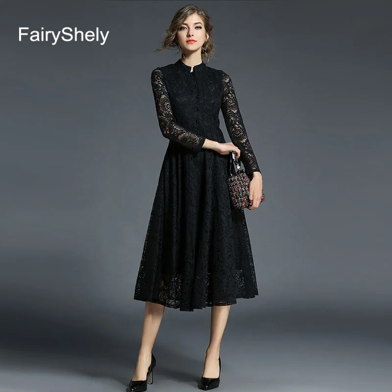 Comprar FairyShely 2020 verano Vintage negro de talla grande vestido largo mujer Sexy elegante encaje Midi vestido Retro camino de fiesta de noche
