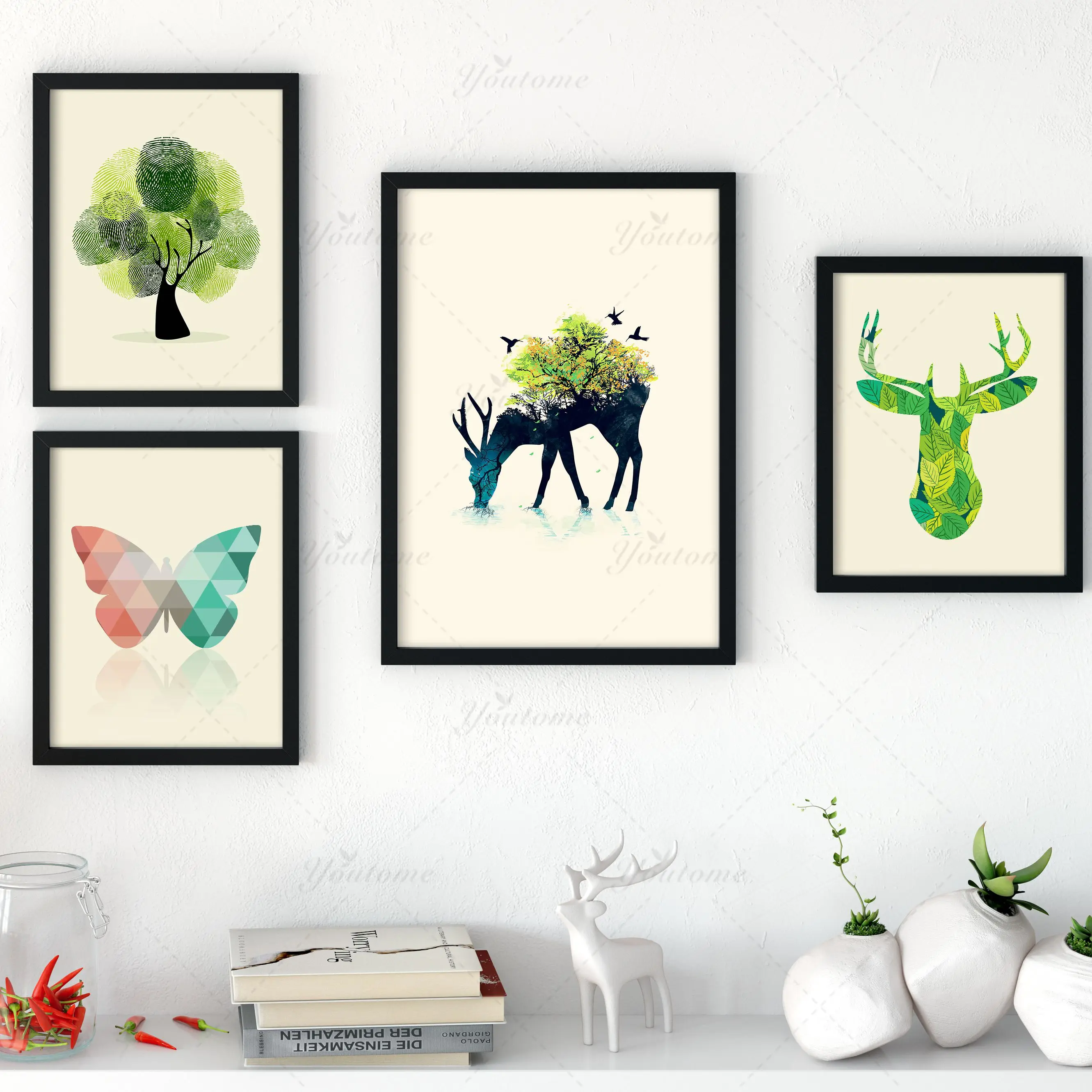Minimalis Hitam Putih Kawaii Pohon Rusa Nordic Besar Poster Dan