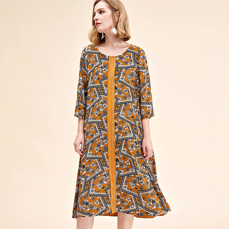 

42% Real Silk Dresses for Summer Women New High-quality Loose Three Quarter Sleeve Printed Silk Elegant Dresses