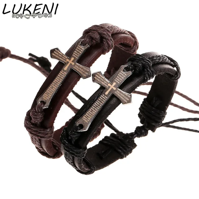 Lukeni Brown Genuine Leather Bracelet Men Jewelry Metal Cross Lukeni Brown Genuine Leather Bracelet Men Jewelry Metal Cross Scripture Loom Charm Paracord Bracelets Bangles