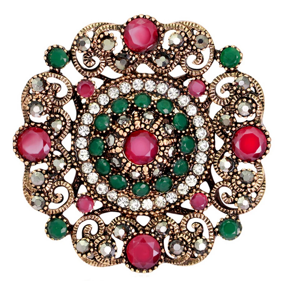 Vintage Round Resin Flower Brooch Pin for Women Antique Charm Arabesque