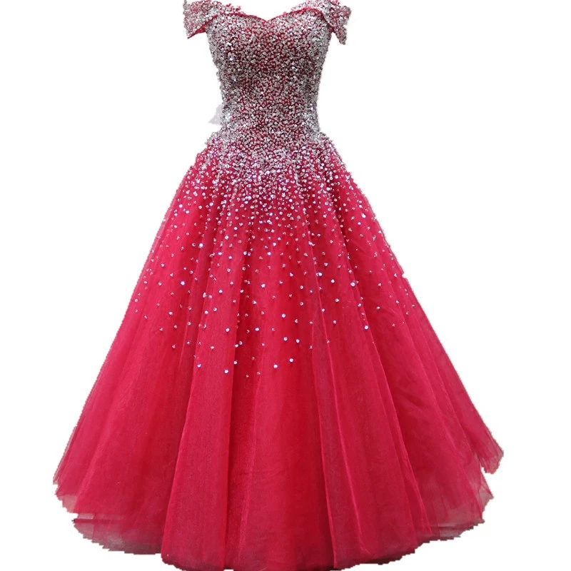 Бальное платье Quinceanera красное пышное из тюля с блестящими кристаллами и бусинами