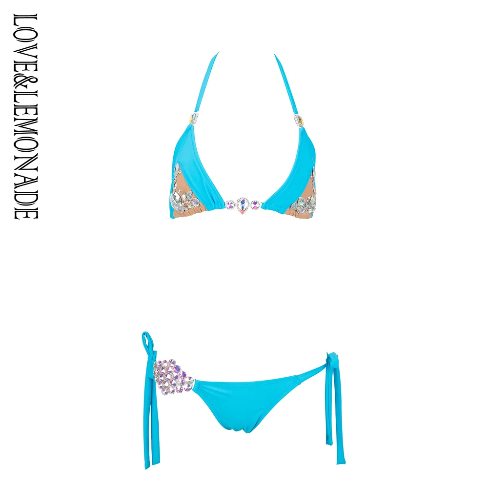 

Love&Lemonade Sky Blue Stitching Colorful Beaded Two-Pieces Beach BIKINI LM1095