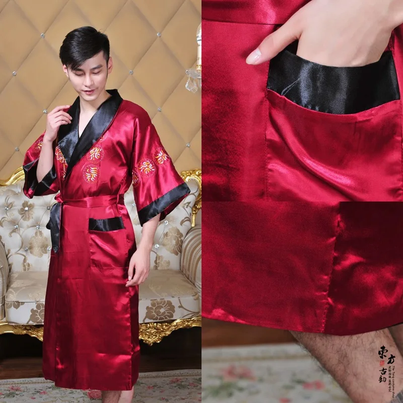 Двусторонний новый китайский Мужской Шелковый Атласный халат с вышивкой кимоно с драконом банный халат ночной халат с поясом один размер